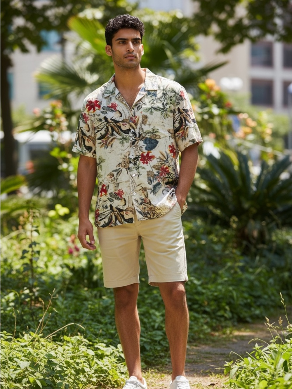 Coofandy Tropical Floral Button-Up Shirt in Cream with Red & Blue Accents